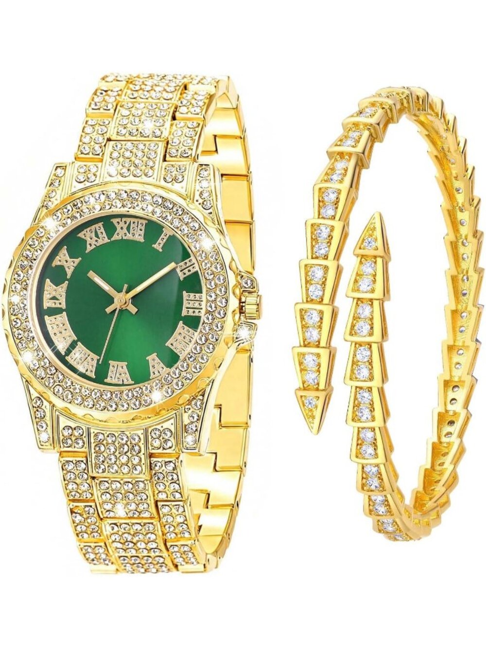 Women's Gold Green Interior Full Diamond Bling Rhinestone Quartz Crystal Watches
